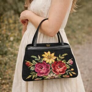 Vintage 1960's Black Leather Floral Needlepoint Handbag Gold Clasps Hong Kong